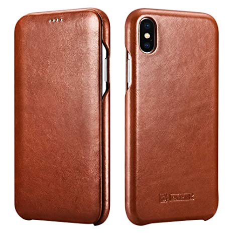 Icarer iPhone XS Max Leather Case, Genuine Vintage Leather Flip Folio Opening Cover in Curved Edge Design Side Open Book Style Case Cover for Apple iPhone XS Max 6.5 Inch (Brown)