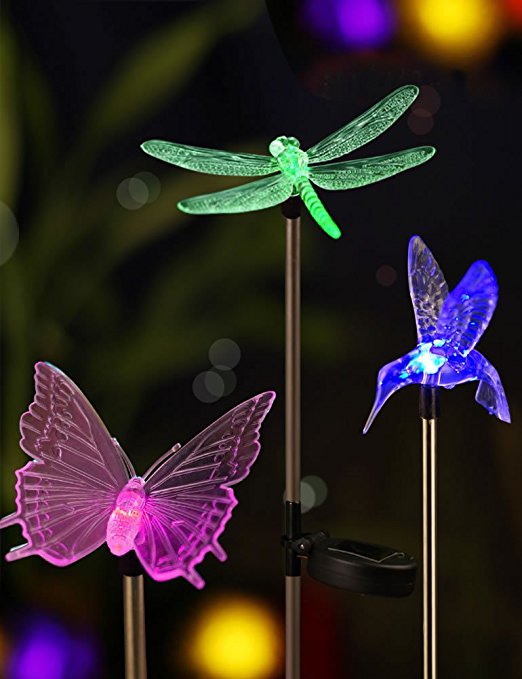 Bright Zeal [Set of 3] LED Color Changing Solar Stake Lights Outdoor - Garden Figurines (Hummingbird, Butterfly, Dragonfly) - LED Garden Lights Garden Decor - Yard Lights Solar Landscape Dragonfly's