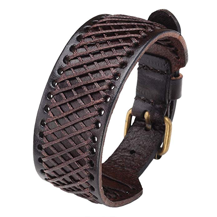 Zysta Genuine Leather 30mm Wrist Wide Bangle Braided Cuff Bracelet 7.5"-9.5" Adjustable Punk Rocker Biker Wristband Black, Brown