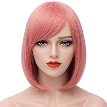 Mersi Wigs Pink Bob Wig Short Wigs for Women with Oblique Bangs Straight Synthetic Cosplay Costume Wigs 12 Inch with Wig Cap S009PK