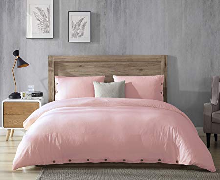 EXQ Home 100% Washed Cotton Pink Duvet Cover Set Twin Size 2 Pcs, Super Soft Hotel Collection Bedding Vintage Comforter Cover with Button Closure (Hypoallergenic, Breathable)