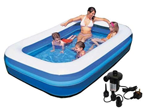 INFLATABLE JUMBO LARGE RECTANGULAR FAMILY OUTDOOR GARDEN PADDLING SWIMMING POOL WITH ELECTRIC 240 V SIDEWINDER PUMP - 103" X 69" X 20" 8 - 8.5 ft