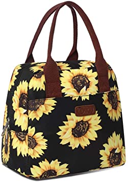 DIIG Lunch Box for Women, Insulated Lunch Bags for Women, Large Cooler Tote For Work, Floral Reusable Snack Bag with Pocket, Sunflower Printing/Gray/Black/White (Sunflower/Black)