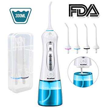 Cordless Water Flosser Teeth Cleaner, Nicefeel 300ML Portable and USB Rechargeable Oral Irrigator for Travel, IPX7 Waterproof, 3-Mode Water Flossing with 4 Jet Tips for Home