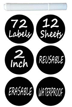 Chalkboard Labels Pack of 72 Round Chalkboard Mason Jar Lid Canning Labels . Premium Labels for Glass Jars, Food Containers, Kitchen and Pantry Organizing (1.9 Inches Wide, free White Chalk Marker)