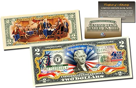 JULY 4th Independence Day Collectible Art Two-Dollar Bill 2-SIDED with COA & HOLDER