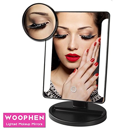 Lighted Makeup Mirrors WOOPHEN Professional 38 LED Touch Dimmable Vanity Mirror Intelligent Adjustable Cosmetic Mirrors with Removable 10x Magnifying Mirrors, Batteries & USB Powered