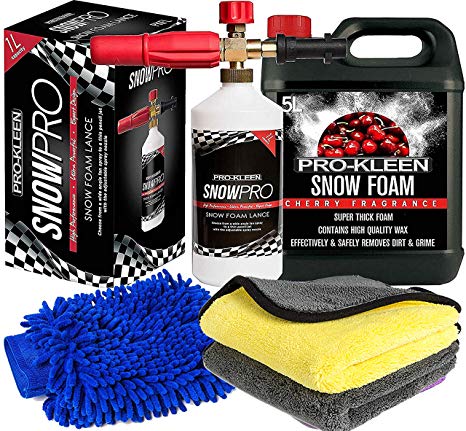 Pro-Kleen Snow Foam Lance Gun Kit   Lance For Use With Karcher K Series K2, K3, K4, K5, K6 and K7   5L Cherry Snow Foam Shampoo and Microfibre Wash Pad Mitt and Microfibre Cloths