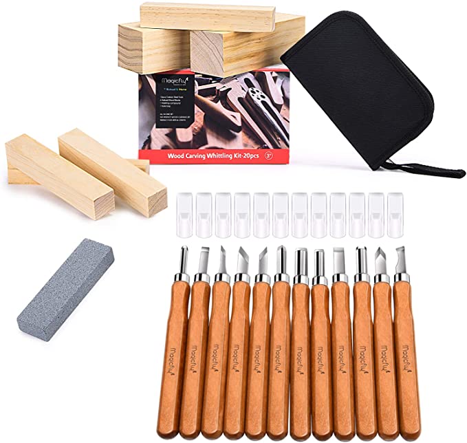 Magicfly Wood Carving Set, 12 Pieces SK10 Carbon Steel Tools & 6 Carving Wood Blocks with Whetstone & Storage Bag Crafting Chisel Tools with Cover Carving Knife for Beginners and Professionals