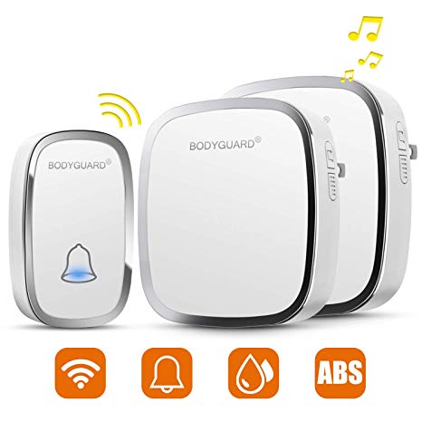 Bodyguard Wireless Doorbell,Waterproof Chime Kit Operating at 1000ft with 1 Push Button Transmitter（Battery included）and 2 plug-in Receivers,36 Chimes,4 Level Volume LED Indicator - white