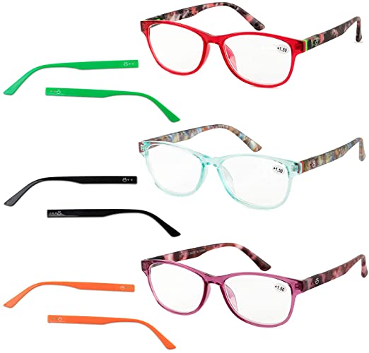 Reading Glasses Women, 3 Pack Fashion Readers with Interchangeable Temples