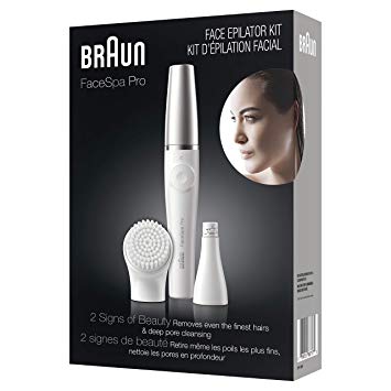 Braun Facespa Pro 910 Facial Epilator 2-in-1 Facial Epilating & Cleansing Brush System for Salon Beauty at Home with 1 extra, White/Silver