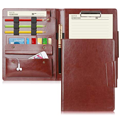 FYY padfolio Leather Portfolio case with Card Slots Pockets Pencil Holders Premium Leather Business Document Organizer Resume Portfolio Folder for Office School Brown