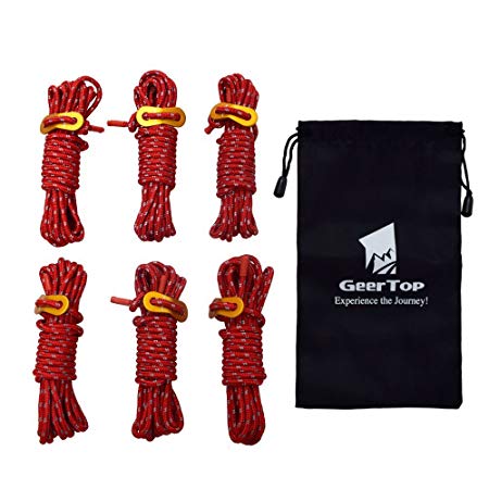 Geertop 4mm Reflective Tent Guide Rope Guy Line Cord with Aluminum Adjuster - 13 Feet 6 Pack