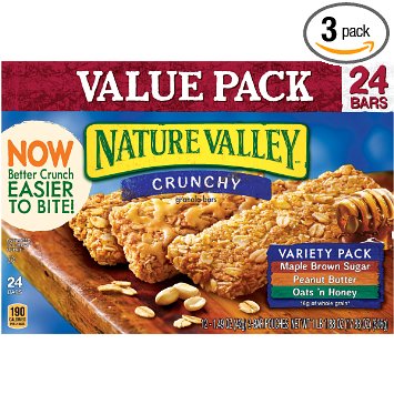Nature Valley Granola Bars Variety Pack, Oats 'n Honey, Peanut Butter, Maple Brown Sugar, 24 Bars, 1.49 ounce, (Pack of 3)