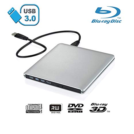 Xglysmyc USB 3.0 External Blu-ray CD DVD Drive,Portable Ultra-Thin 3D Blu-ray Player DVD /-RW Burner Writer Reader for Laptop Notebook PC Desktops Support Windows XP/Vista/7/8/10, Mac OSX -Silver