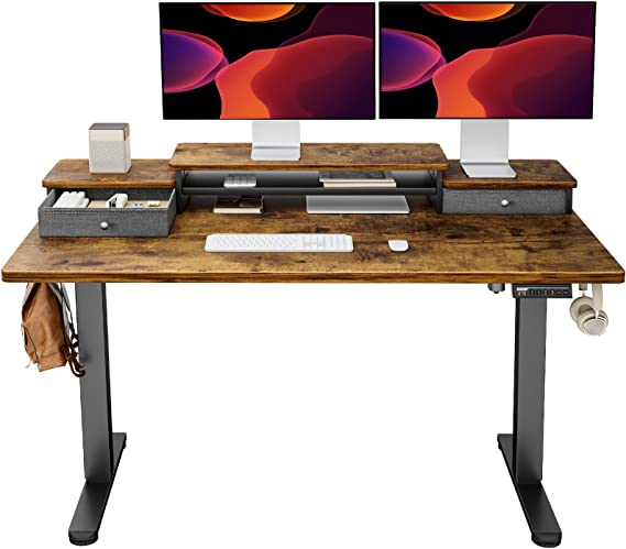 ErGear Electric Standing Desk with Double Drawers, 55x28 Inches Adjustable Height Sit Stand Up Desk, Home Office Desk Computer Workstation with Storage Shelf, Vintage Brown