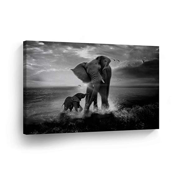 Elephant Decorative Art Canvas Print Modern Wall Decor Artwork Wrapped Wood Stretcher Bars Vertical- Ready to Hang -0 Handmade in The USA_ELH24_8x12