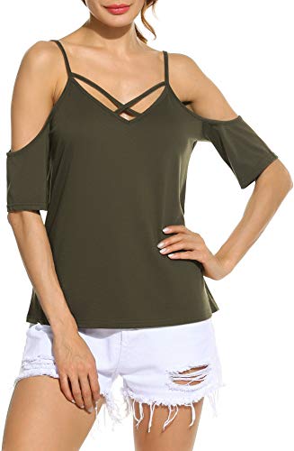 Beyove Women V-Neck Cold Shoulder Cross Strap Half Sleeve T-Shirts Tops Blouse