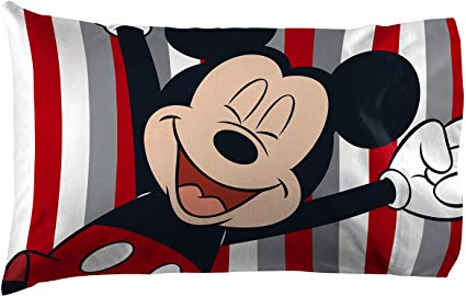 Jay Franco Disney Mickey Mouse Stripes 1 Pack Pillowcase - Double-Sided Kids Super Soft Bedding (Official Disney Product)