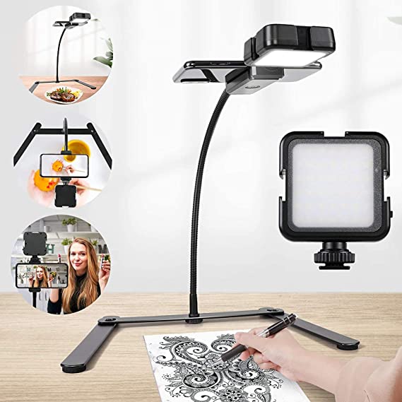 Overhead Phone Mount, Ajustable Tripod with Cellphone Holder, Tripod with Led Light/Table Top Teaching Online Stand for Live Streaming and Online Video and Cook Recording