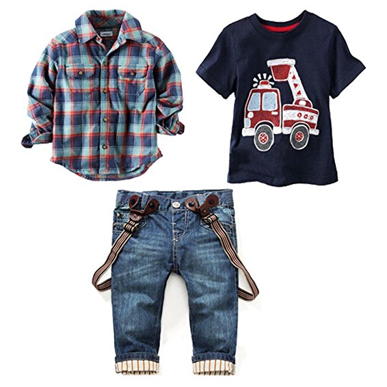 LUKYCILD Baby boy suit plaid shirts car printing t-shirt jeans 3pcs