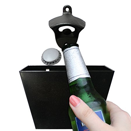 Wall Mounted Wine Bottle Opener and Stainless Steel Wall Mount Bottle Cap Catcher Set by Belle Vous. Complete with Screws and Wall Plugs for Easy installation. Perfect Kit for Opening Beers and Soda
