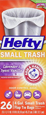 Hefty Small Trash Bags (Odor Control, Lavender Sweet Vanilla, Flap Tie, 4 Gallon, 26 Count)