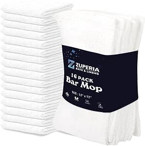 Premium Bar Mop 16 Pack (12 x 12) - 100% Cotton Cleaning Towels Made with Ribbed Design for Quick and Easy Cleanups - Everyday Kitchen and Dish Towels (White)