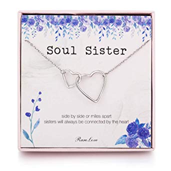 RareLove Soul Sister Gift Necklace BFF Friendship 925 Sterling Silver Two Interlocking Hearts Pendant Adjustable Chain Necklace