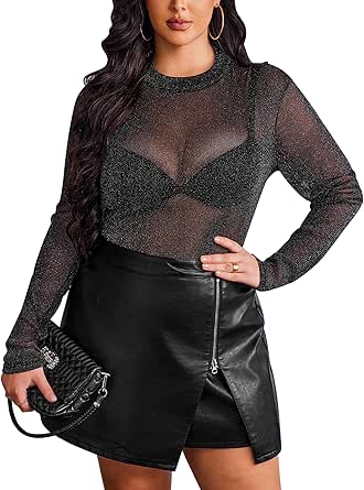 IN'VOLAND Women's Plus Size Glitter Sheer Mesh Top Long Sleeve Shirts Mock Neck See Through T Shirt Clubwear Slim Blouse