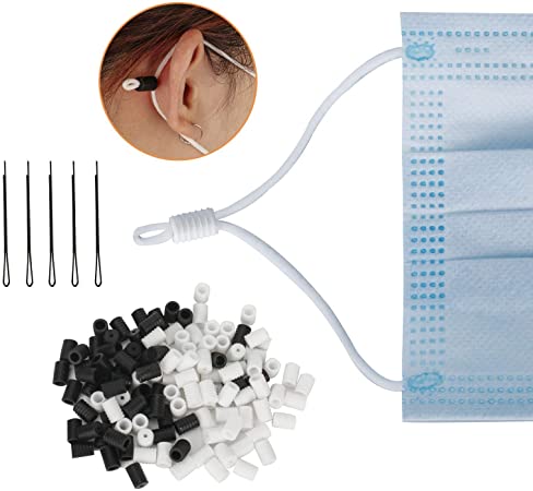 LDream 500pcs Cord Locks for Face Mask, Silicone Cord Stops, Toggles for Drawstrings Elastic Cord Rope Adjuster Non-Slip Stopper, Threader Included, Black and White