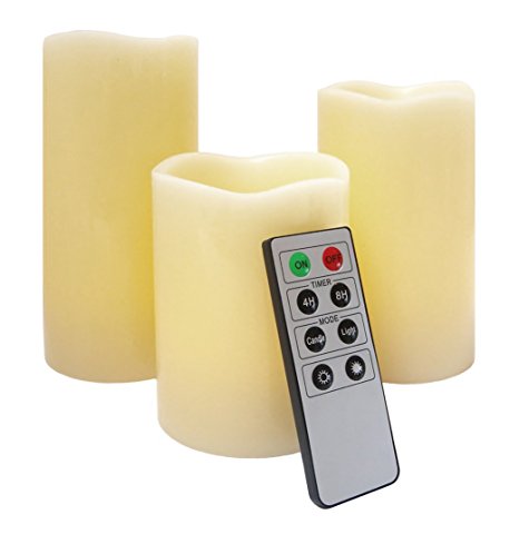 Real Wax Vanilla Scented Realistic Style Flameless Candles - Electric Flickering LED Flame with Remote Control and Timer (Set of Three)