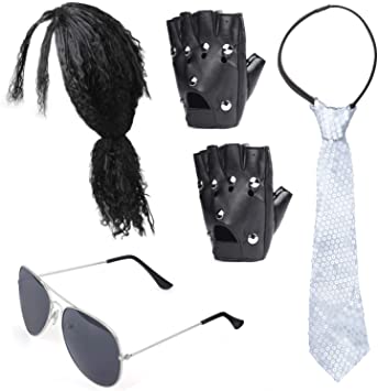 Beelittle 80s Pop Rockstar Dance Costume Accessories Set Curly Wig Sequins Necktie Studded Punk Golves Aviator Sunglasses MJ Performance Kit (Long Wig)