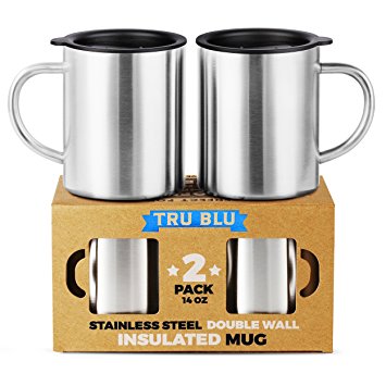 Stainless Steel Coffee Mug with Lid, Set of 2 – 14oz Premium Double Wall Insulated Travel Mugs – Shatterproof, BPA Free Spill Resistant Lids, Dishwasher Safe, Comfortable Handle Cups for Tea, Beer