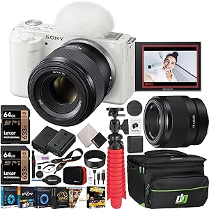 Sony ZV-E10 Mirrorless Alpha APS-C Vlog Camera Body and 50mm F1.8 Large Aperture FE Lens SEL50F18F ILCZV-E10/W White Bundle with Deco Gear Case   Extra Battery   Photo Video Accessories Kit