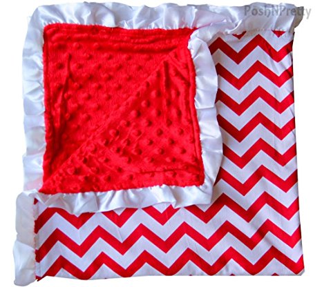 Soft and Cozy Large Minky blanket - Red Chevron with White Satin Trim