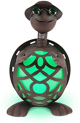 Solar Lighted Freestanding Cozy Aesthetic Metal Turtle, Includes 1 AAA Rechargeable Battery, Solar Powered Via Built-In Solar Panels, Measures 8.5" L x 7" W x 14.5" H in Brown/Green