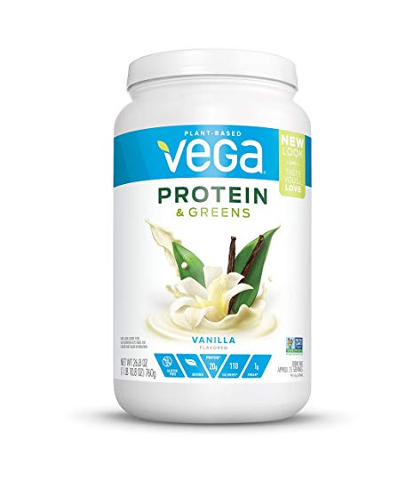 New Vega Protein & Greens, Plant Protein Shake, Vanilla, 25 Servings, 26.8 ounce tub