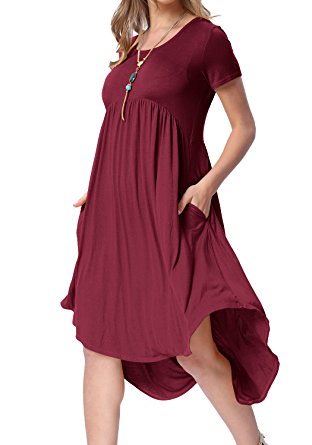 levaca Women's Scoop Neck Pockets High Low Pleated Loose Swing Casual Midi Dress