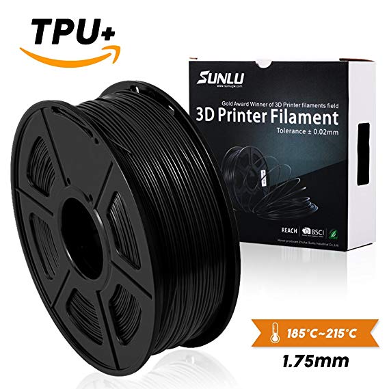 SUNLU 3D Printer Filament TPU, 1.75mm TPU Filament, 3D Printing Filament Low Odor, Dimensional Accuracy  /- 0.02 mm, 2.2 LBS (1KG) Spool 3D Filament for 3D Printers & 3D Pens, Black TPU