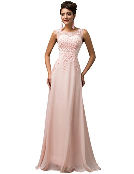 GRACE KARIN Chiffon V Back Evening Dresses Prom Gown With Beads Appliques