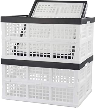 Ponpong 34 Litre Plastic Collapsible Crates for Storage, White and Deep Grey, 3 Packs