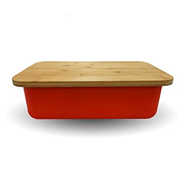 Clean Dezign Bamboo Fiber Bread Box Bin with Cutting Board Lid (Red)