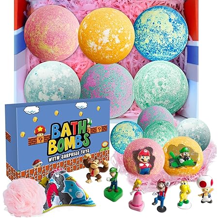 Bath Bombs for Kids with Surprise Inside: Supbec XXL Organic Bath Bombs Gift Set Rich in Natural Essential Oils, Mario Bath Bombs for Dry Skin Moisturize, Gifts for Kids Boys Girls (6 Pcs, 5 OZ)