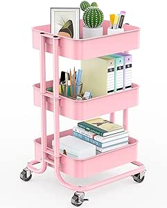 Pipishell 3-Tier Metal Rolling Utility Cart, Heavy-Duty Storage Cart with 2 Lockable Wheels, Multifunctional Mesh Organization Cart for Kitchen Dining Room Living Room (Pink)