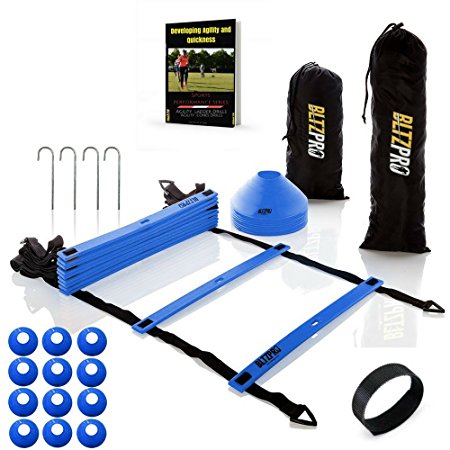 Bltzpro AGILITY LADDER with SOCCER CONES-A Fitness Training Gear used by Athelets & Coaches for teams sports.15ft long| Adjustble Rungs| 12 Cones| 2 Carry Bags| 4 pegs |footwork drills ebook