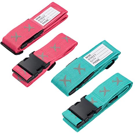 4 Pack Luggage Straps, Travel Belts Adjustable Hand Luggage Case, Travel Accessories with Name Tag Slot, Green and Pink