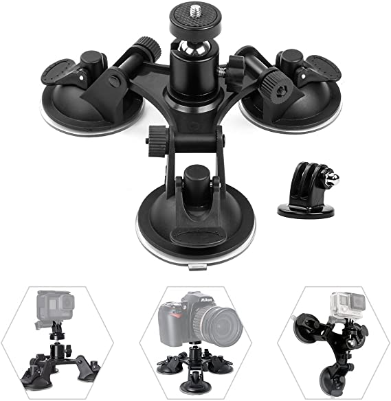 Geila Triple Cup - Camera Suction Mount - Car Mount Triple Suction Cup Mount with 1/4 Threaded Head 360 Degree Tripod Ball Head