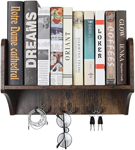 EasyPAG Wood Versatile Floating Shelves Wall Mounted Bookshelf with 3 Hooks for Key or Coat,Brown